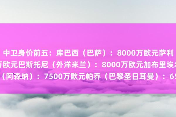 中卫身价前五：库巴西（巴萨）：8000万欧元萨利巴（阿森纳）：8000万欧元巴斯托尼（外洋米兰）：8000万欧元加布里埃尔（阿森纳）：7500万欧元帕乔（巴黎圣日耳曼）：6500万欧元    体育赛事直播